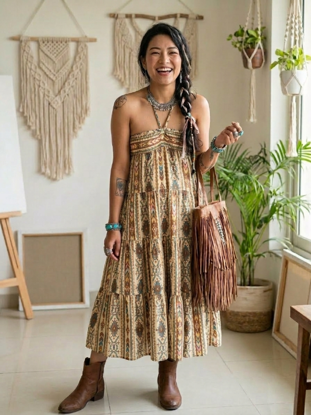 Terracotta Geometric Tiered Dress