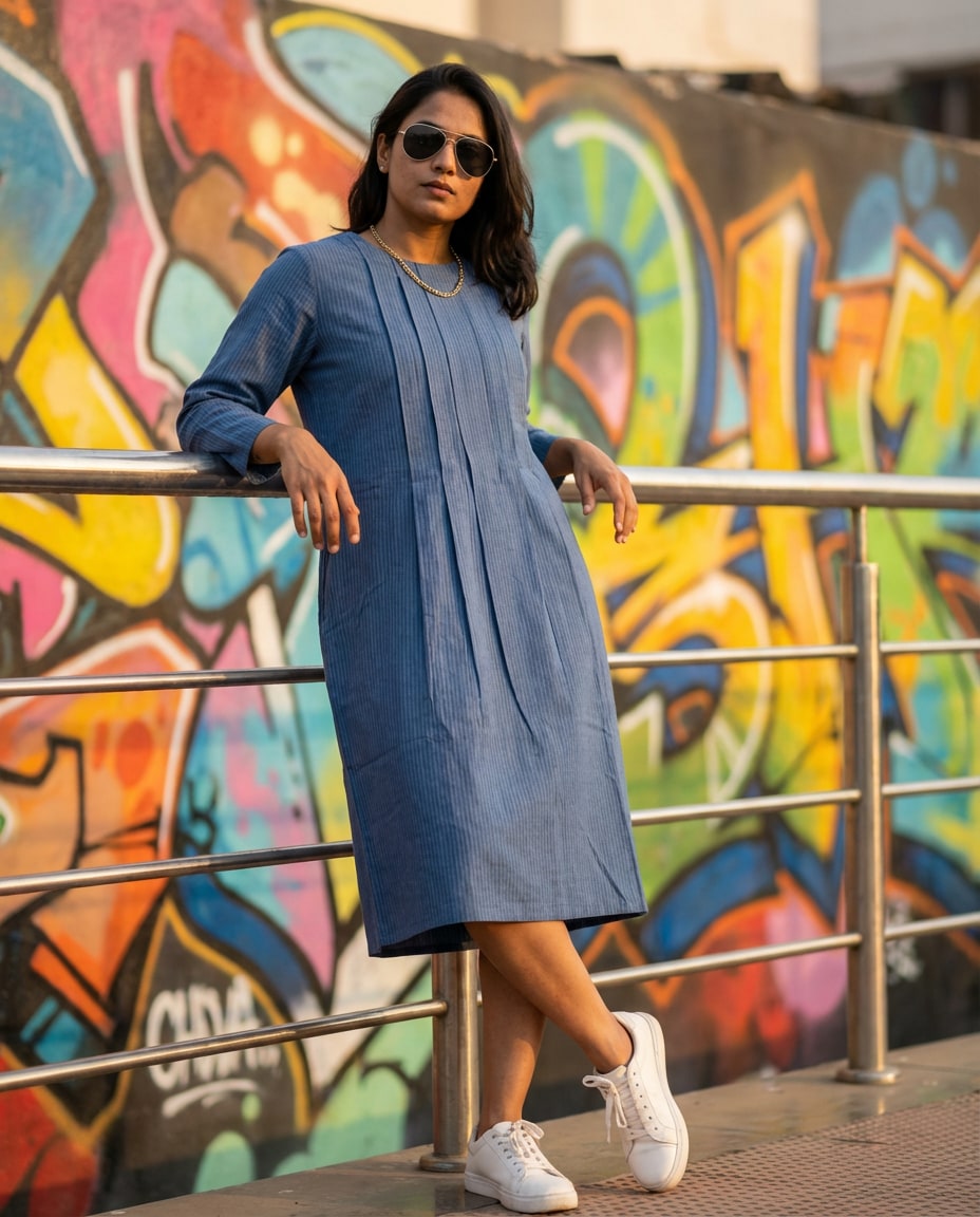 Indigo Stripe Pleat Dress