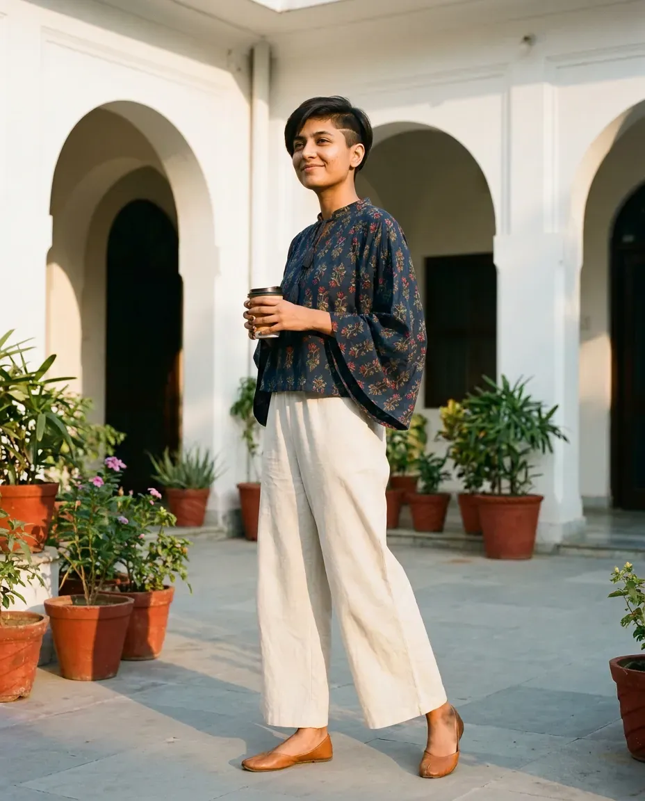 Navy Botanical Drape Top