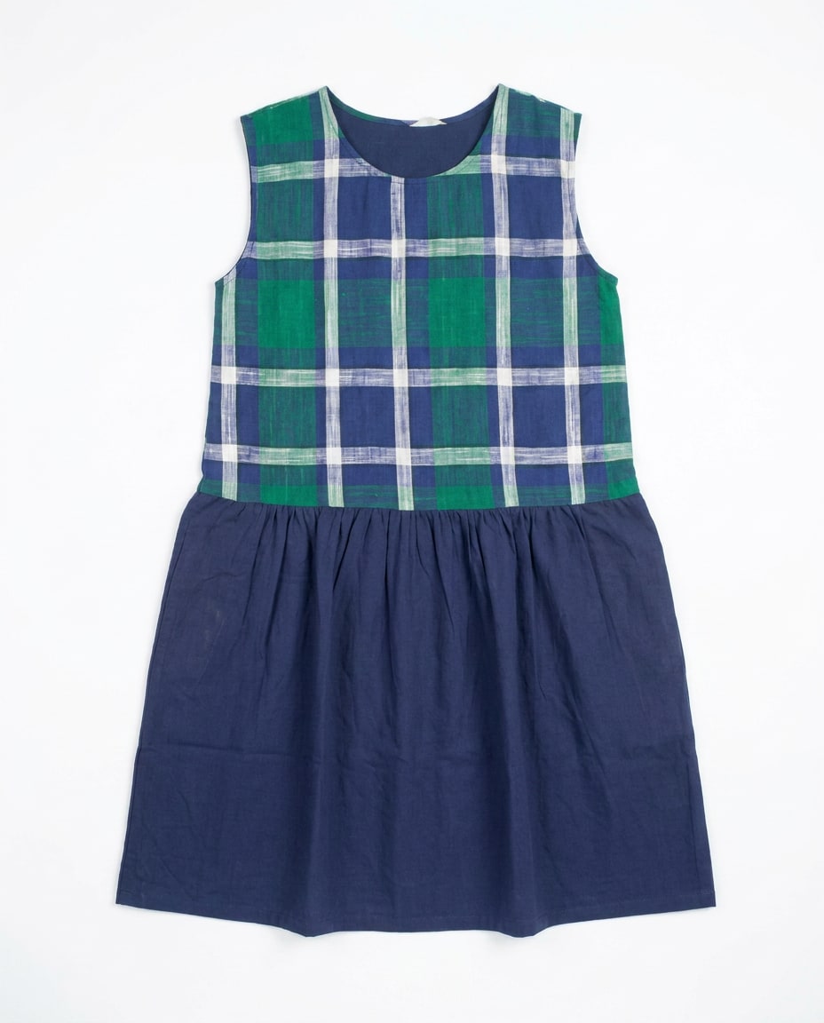 Navy Plaid Linen Dress